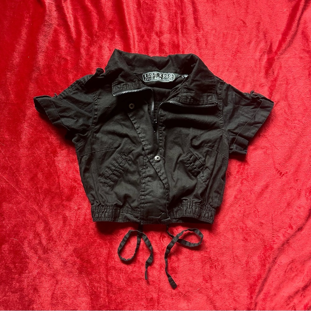 Y2K 2000s Gorpcore Utility Goth Last Kiss Black Crop Jacket Top with Zipper
